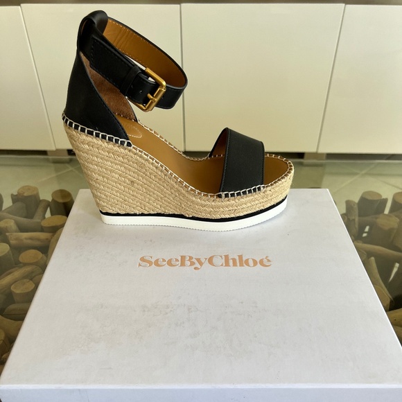 SEE BY CHLOE Glynn Black Espadrille Wedge Sandals - Picture 5 of 12